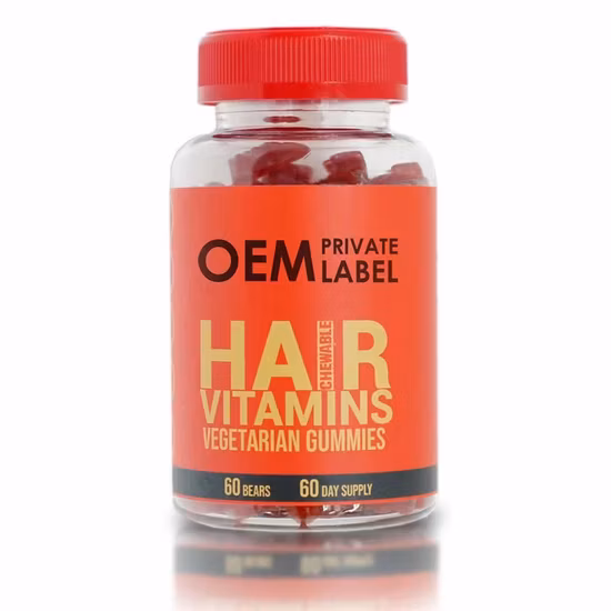 ビオチン、ビタミンC、ビタミンB-12、亜鉛を配合した髪、肌、爪のためのビーガン育毛グミビタミン